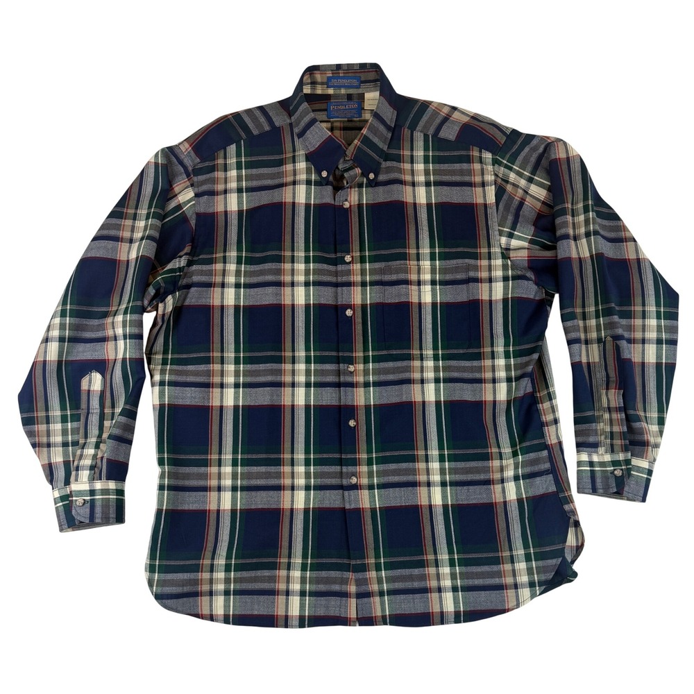 Pendleton Button Down Shirt Mens XL Blue Plaid Sir Pendleton Worsted Wool USA